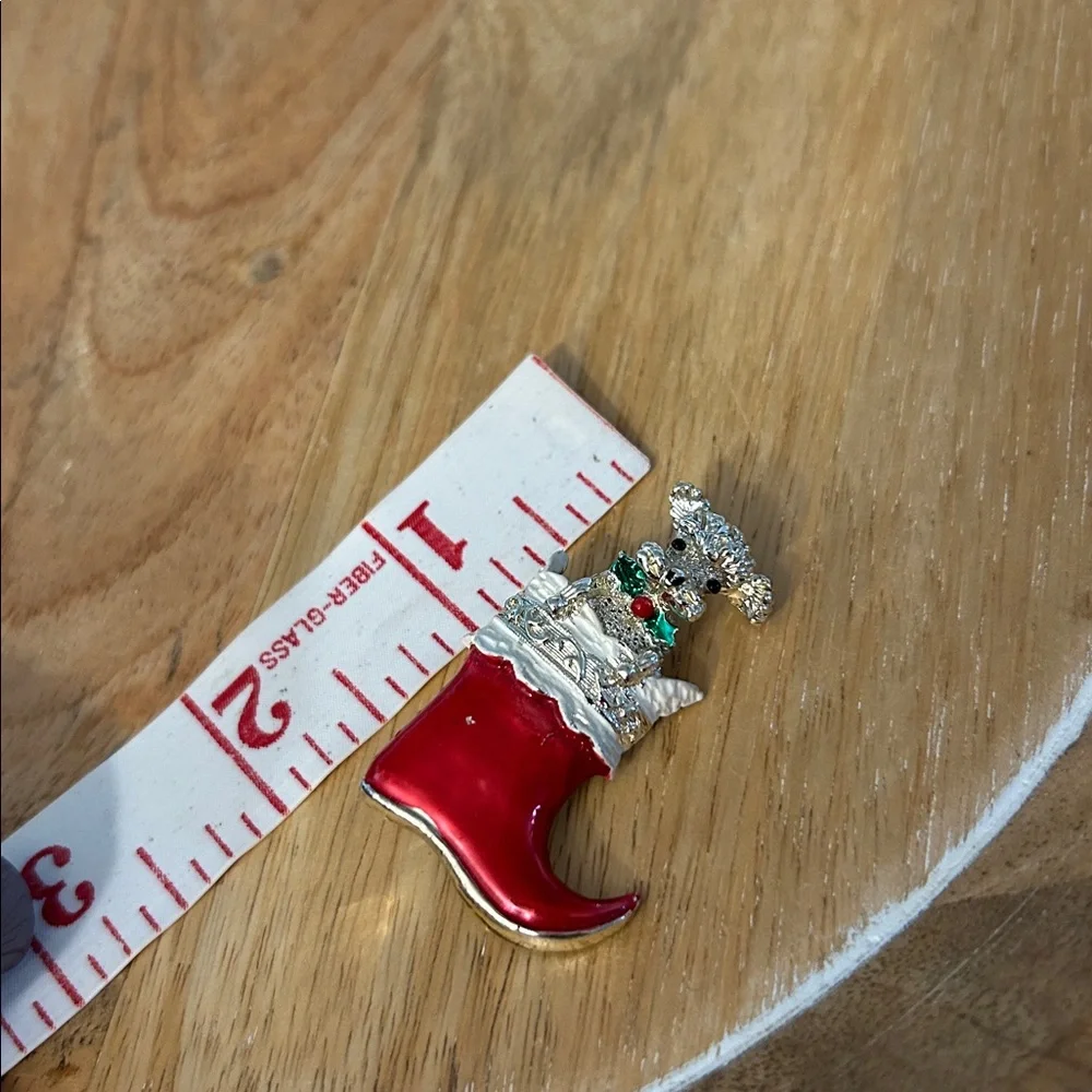 Christmas Stocking Brooch with Dog Christmas pin poodle holiday pin red silver